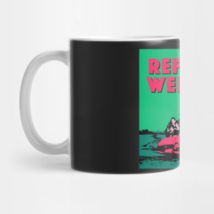 REFUGEES WELCOME (ALT. COLOURS) - ILLUSTRATION SHOWING REFUGEES ON A SMALL BOAT Mug